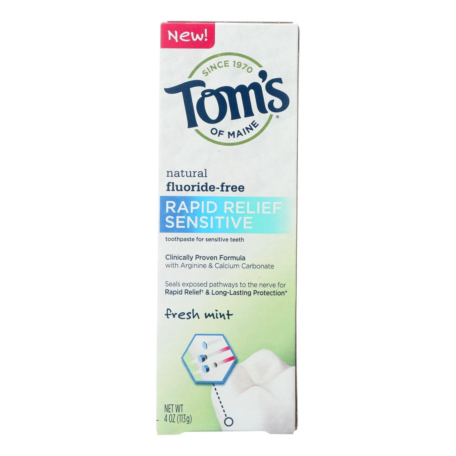 Tom&#39;s Of Maine Rapid Relief Sensitive Toothpaste - Fresh Mint Fluoride-free - Case Of 6 - 4 Oz.